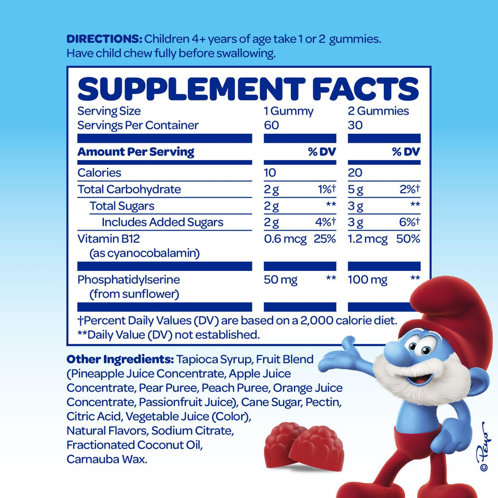 The Smurfs Nootropic Gummies for Kids with Vitamin B12 & L-Theanine | Laser Focus Gummy for Focus and Memory Supplements | Made with Real Fruit in a Smurf Berry | Doctor Developed | 60 Vegan Gummies VITABURST Au supplements