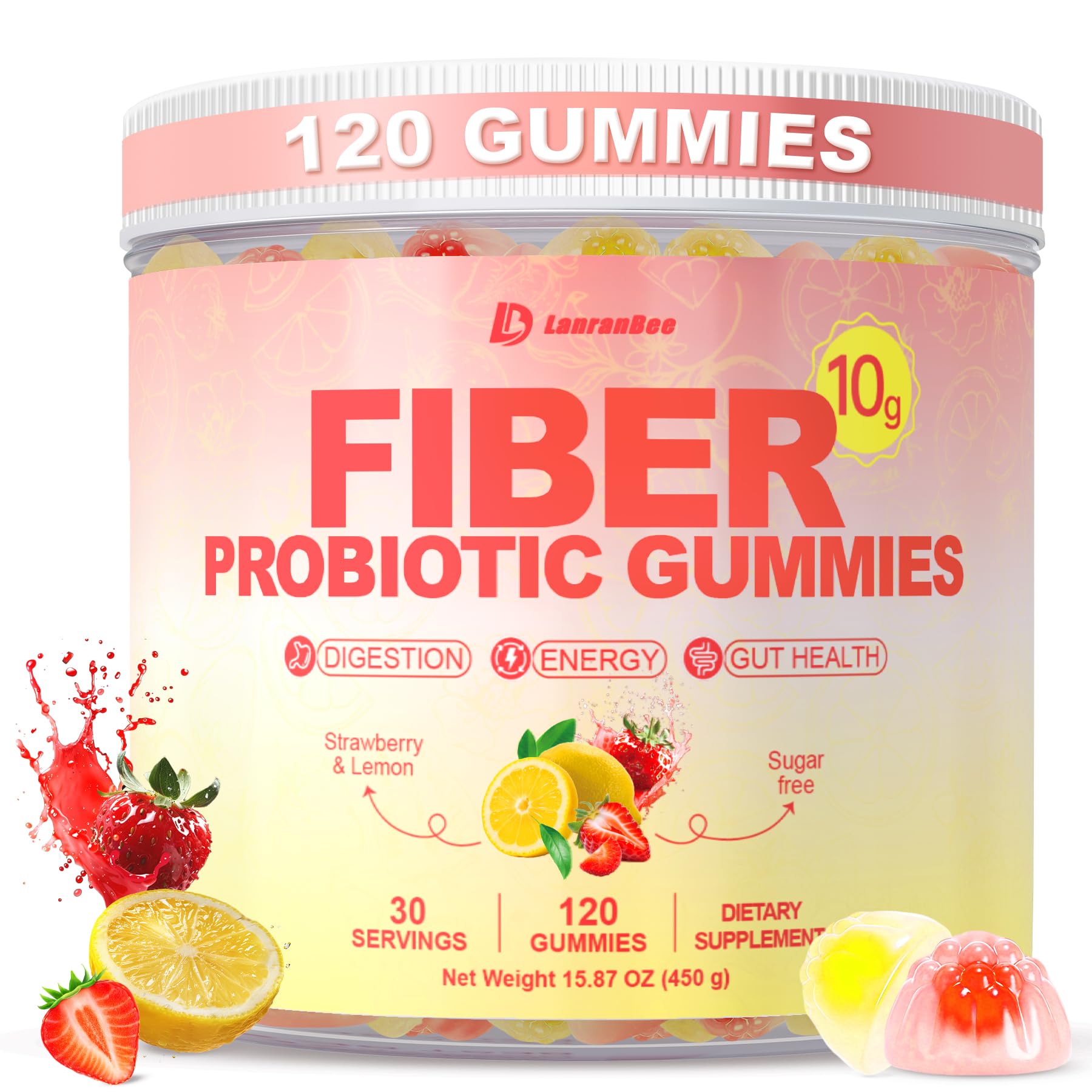 10g Fiber Gummies for Adults with Probiotics, Sugar Free Fiber Supplement with Organic Super Greens & Digestive Enzymes, Supports Gut Health,