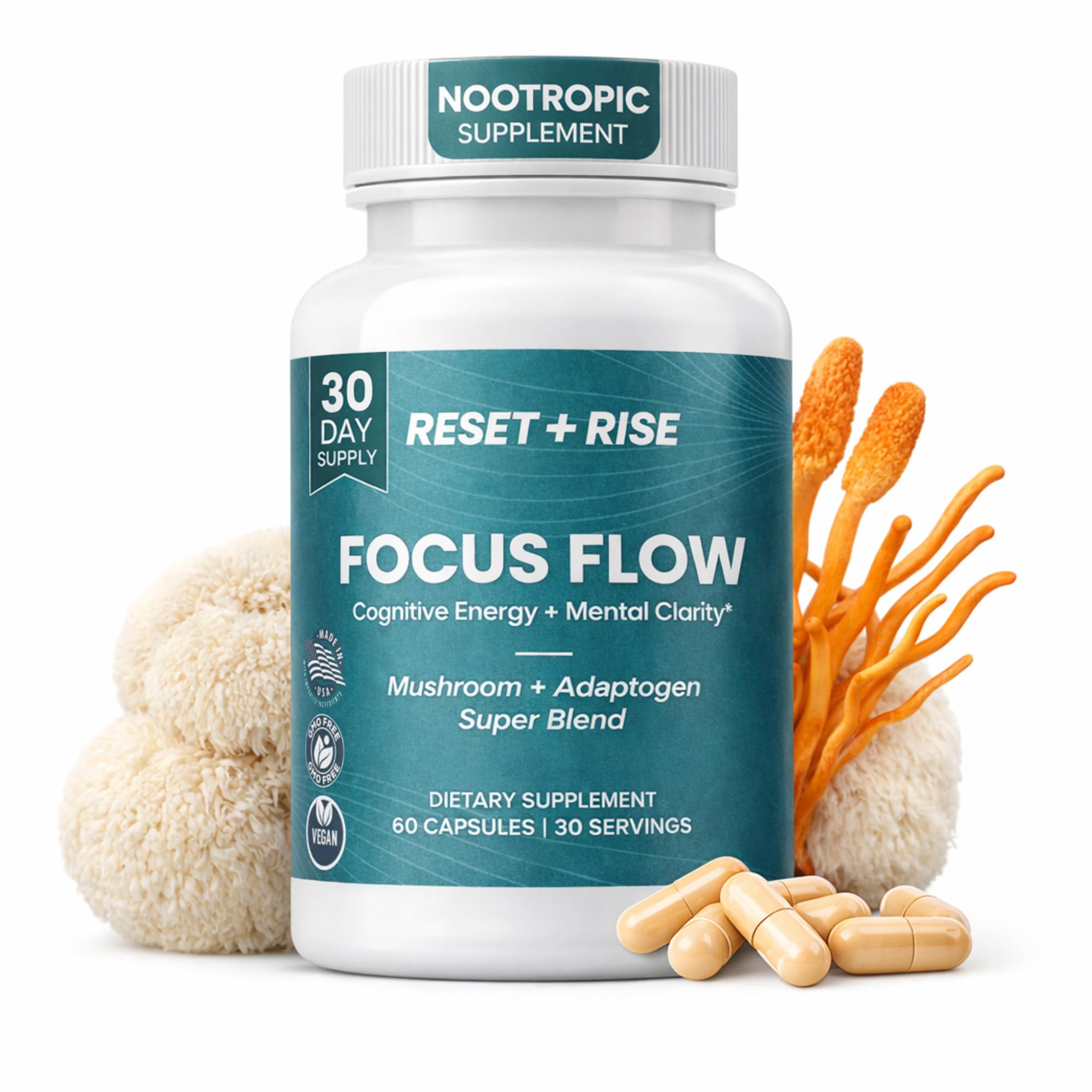 Nootropic Brain Supplement with Lion’s Mane Mushroom, Cordyceps & Rhodiola Rosea Extract - Focus and Energy Supplement, Adaptogen for Brain Health, Mental Clarity, Memory & Mood Support - 60 Capsules Reset+Rise Au supplements