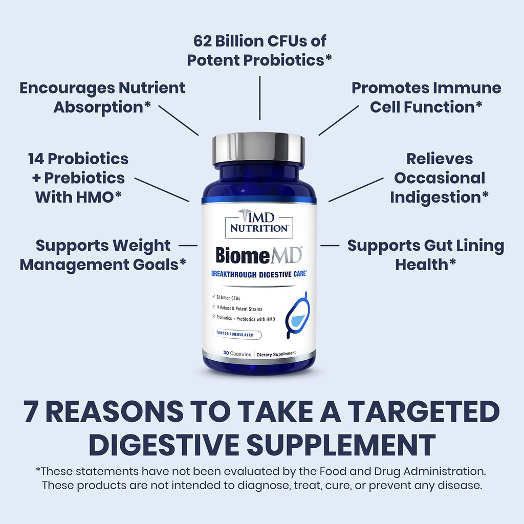 1MD Nutrition BiomeMD Probiotics | 62 Billion CFUs, 15 Comprehensive Strains - Pro & Prebiotics | Doctor-Formulated for Digestive Health & Immune Support | 30 Capsules 1MD Nutrition Au supplements