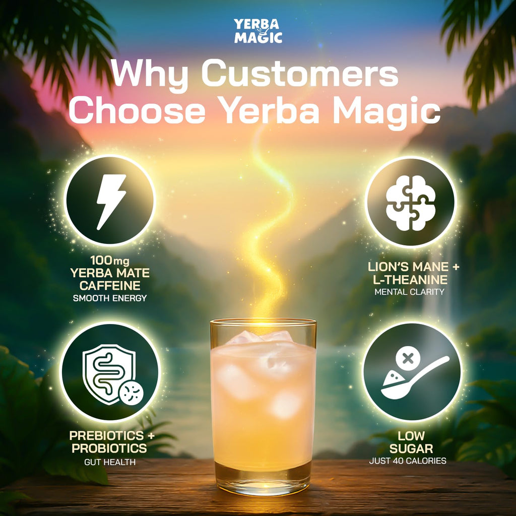 Yerba Magic Instant Yerba Mate Powder Packets – Clean Energy & Focus Drink Mix for Gut Health – Nootropic Blend with Lion’s Mane, L-Theanine, Prebiotics & Probiotics – Low Sugar Natural Caffeine – Variety Pack, 24 Sticks Brainista Au supplements