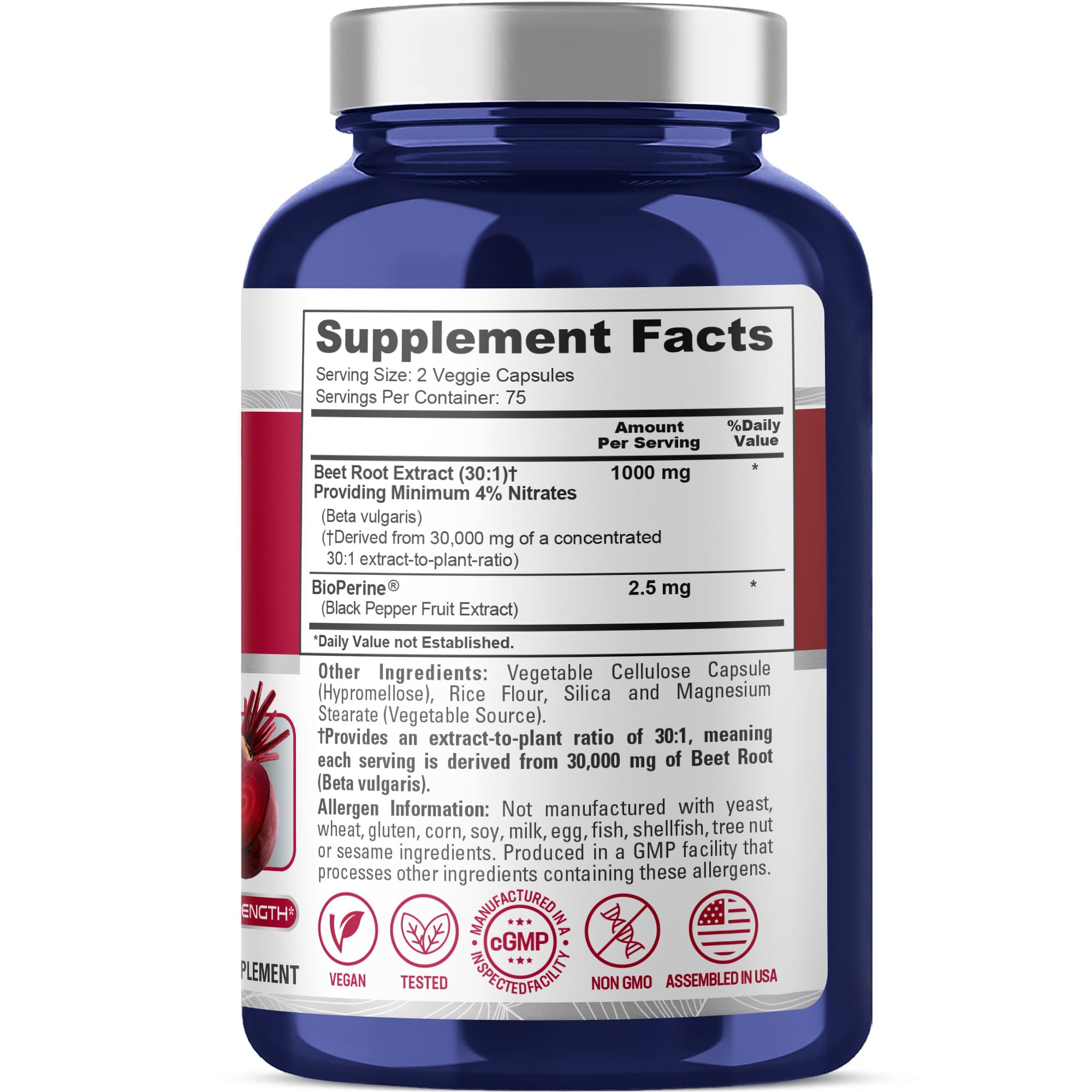 NusaPure Beet Root 30:1 Extract, 1000 mg Equivalent to 30,000 mg 150 Veggie caps (Vegan, Non-GMO & Vegan 4% Nitrates) Bioperine NusaPure Au supplements