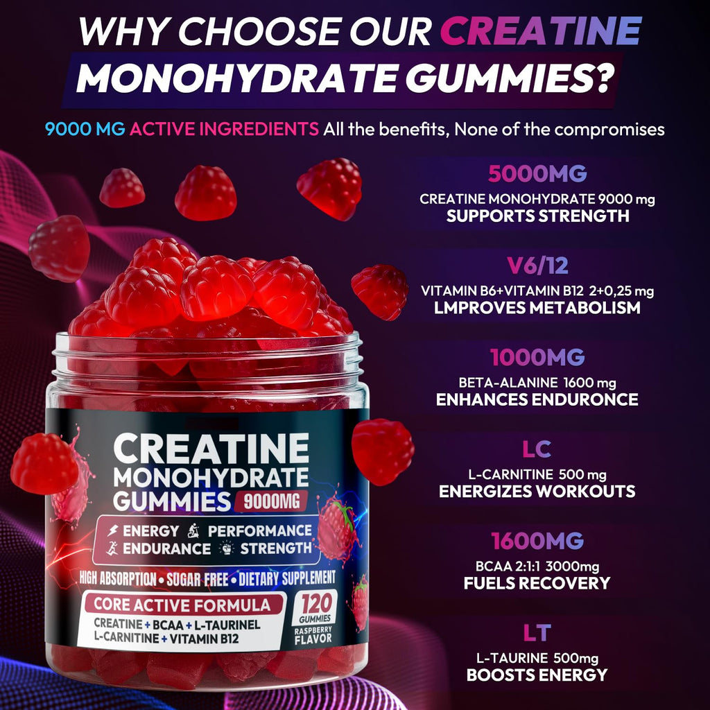 Cytona Creatine Gummies Monohydrate Complex 9000MG, Pre-Workout for Men & Women, Creatine Gummy with L-Taurine, BCAA 2:1, B12/6 for Muscle Support