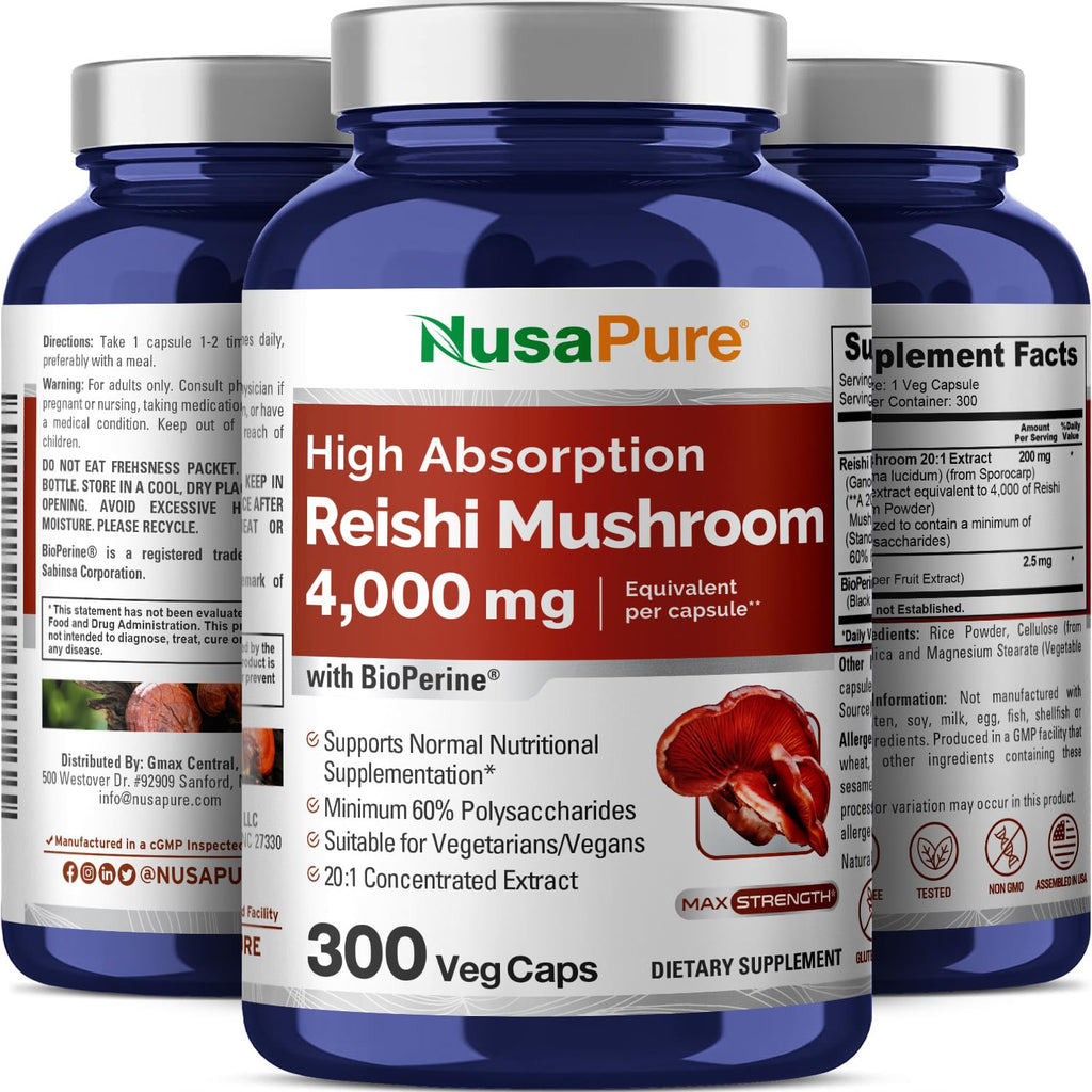 NusaPure Reishi Mushroom Extract 20:1 Extract, 200 mg Equivalent to 4000mg per Capsule 300 Veggie Caps Vegan, Non-GMO, Vegan NusaPure Au supplements