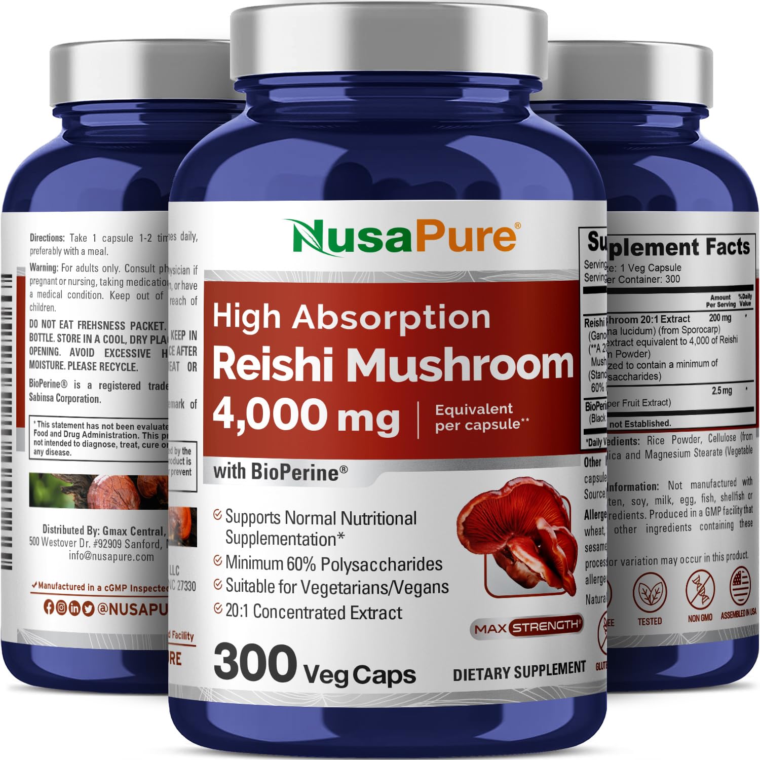 NusaPure Reishi Mushroom Extract 20:1 Extract, 200 mg Equivalent to 4000mg per Capsule 300 Veggie Caps Vegan, Non-GMO, Vegan NusaPure Au supplements
