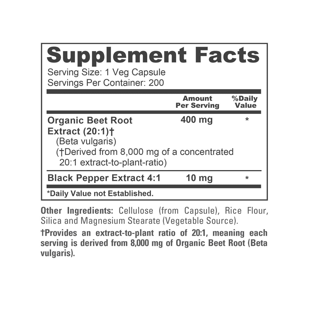 NusaPure Organic Beet Root 20:1 Extract, 400 mg Equivalent to 8,000 mg - Black Pepper 4:1 Extract, 10 mg - 200 Veggie caps (Vegan, Non-GMO) NusaPure Au supplements
