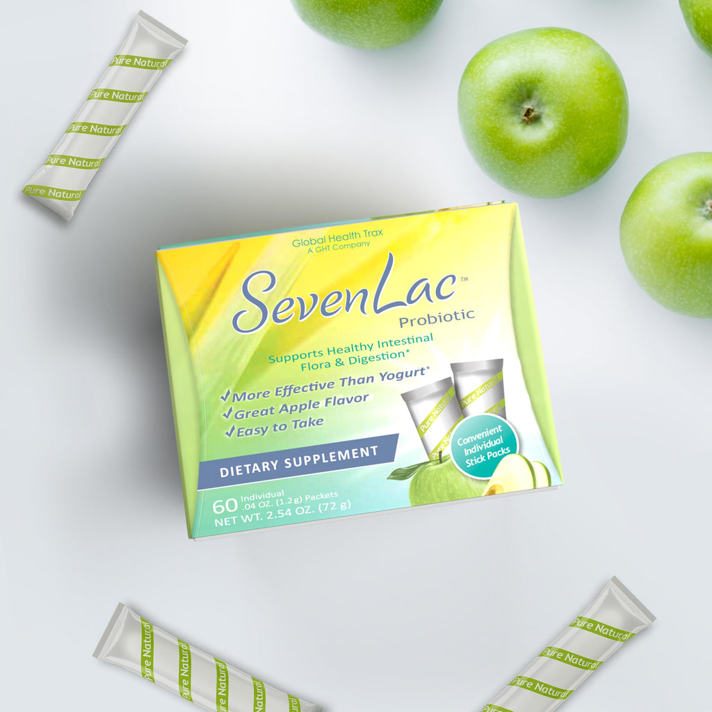 Global Health Trax SevenLac Apple Probiotic Powder Drink Mix, Probiotics for Women, Men, and Kids – Smooth Digestive Support - Relieves Constipation and Gas – 60 Packets, 2.54 Oz, Non-GMO, Gluten-Free ght Global Health Trax Au supplements