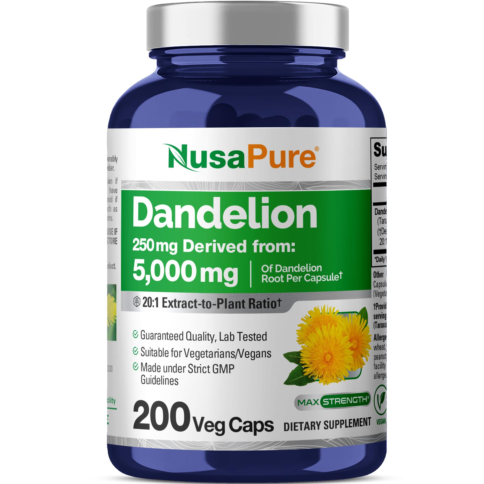 NusaPure Dandelion Root 20:1 Extract, 250 mg Equivalent to 5000mg 200 Veg Capsules (Vegan, Non-GMO) NusaPure Au supplements
