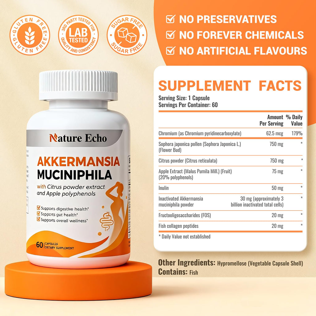Nature Echo Supplement Support, Akkermansia Muciniphila Supplement for Cravings & Gut Health with Collagen, Inulin & Chromium - 60 Servings Capsules