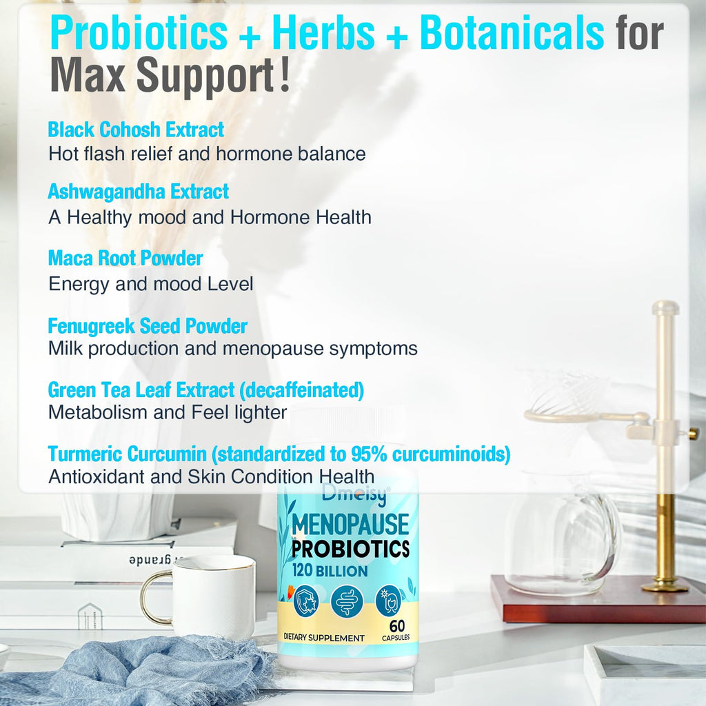 Menopause Supplements for Women, 120 Billion CFU Probiotic, 13-in-1 Herbs Probiotics Complex, for Menopause Relief, Hormone Balance, Hot Flashes, Night Sweats, Mood Swings, Gut & Immunity - 60 Capsule Dmeisy Au supplements