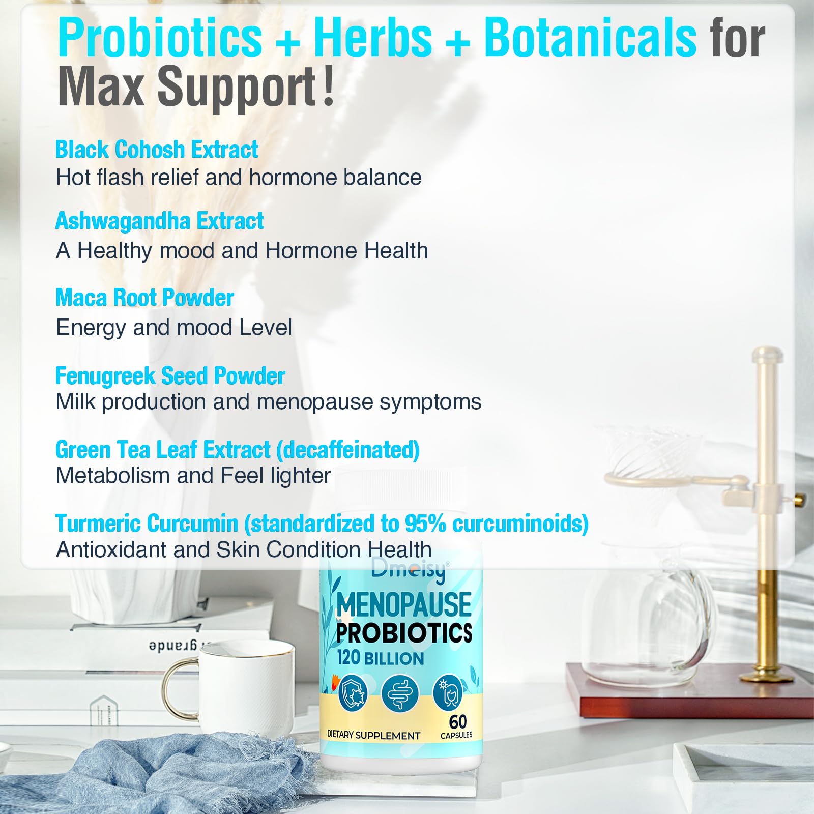 Menopause Supplements for Women, 120 Billion CFU Probiotic, 13-in-1 Herbs Probiotics Complex, for Menopause Relief, Hormone Balance, Hot Flashes, Night Sweats, Mood Swings, Gut & Immunity - 60 Capsule Dmeisy Au supplements