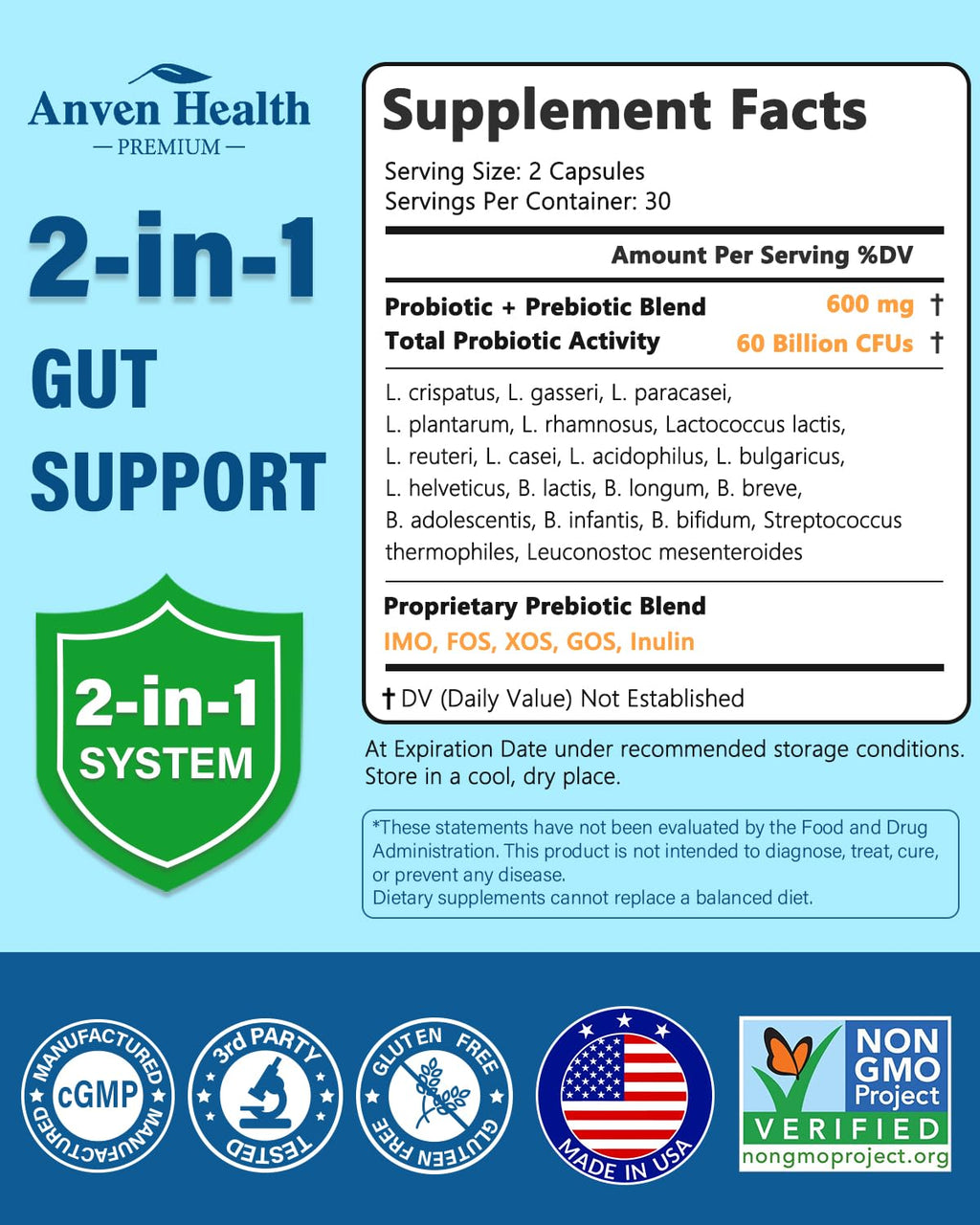 Anven Health 60 Billion Probiotic and Prebiotic for Women and Men - 19 Strains 5 Organic Prebiotics for Gut Digestive & Immune Health, Supports Diarrhea Gas Bloating, Non-GMO – Made in USA丨60 Caps