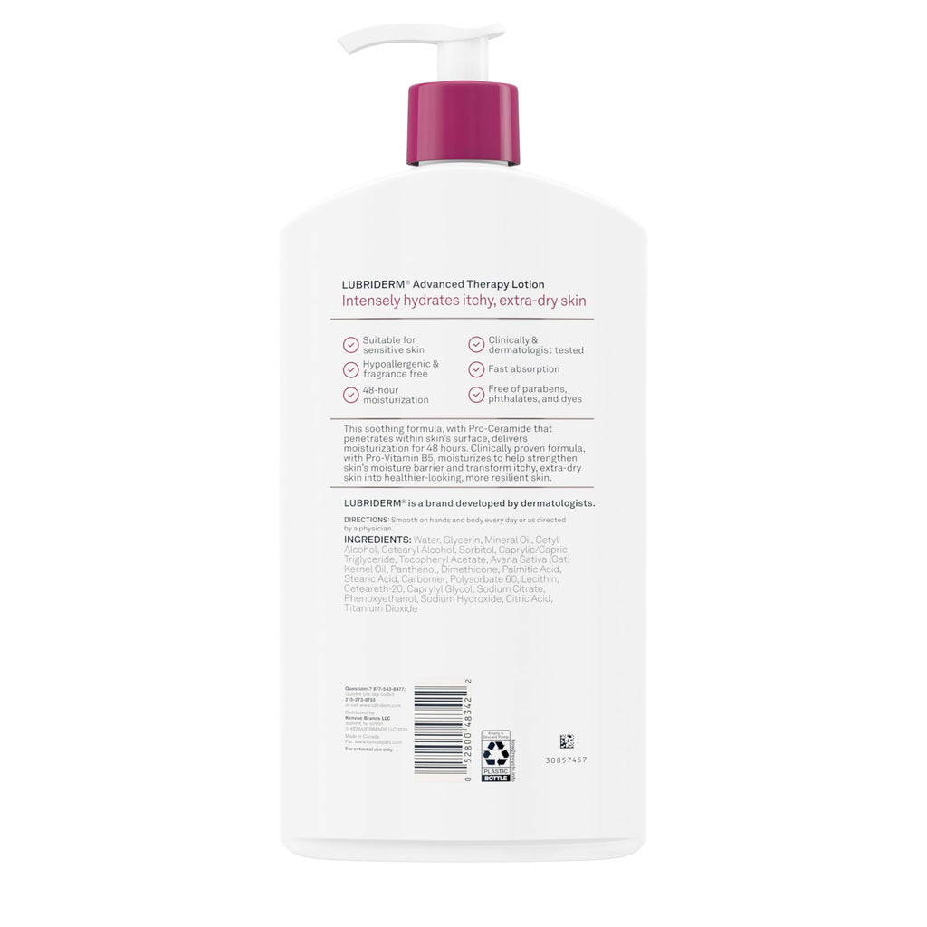 Lubriderm Advanced Therapy Fragrance-Free Moisturizing Hand & Body Lotion + Pro-Ceramide, Intense Hydration for Itchy