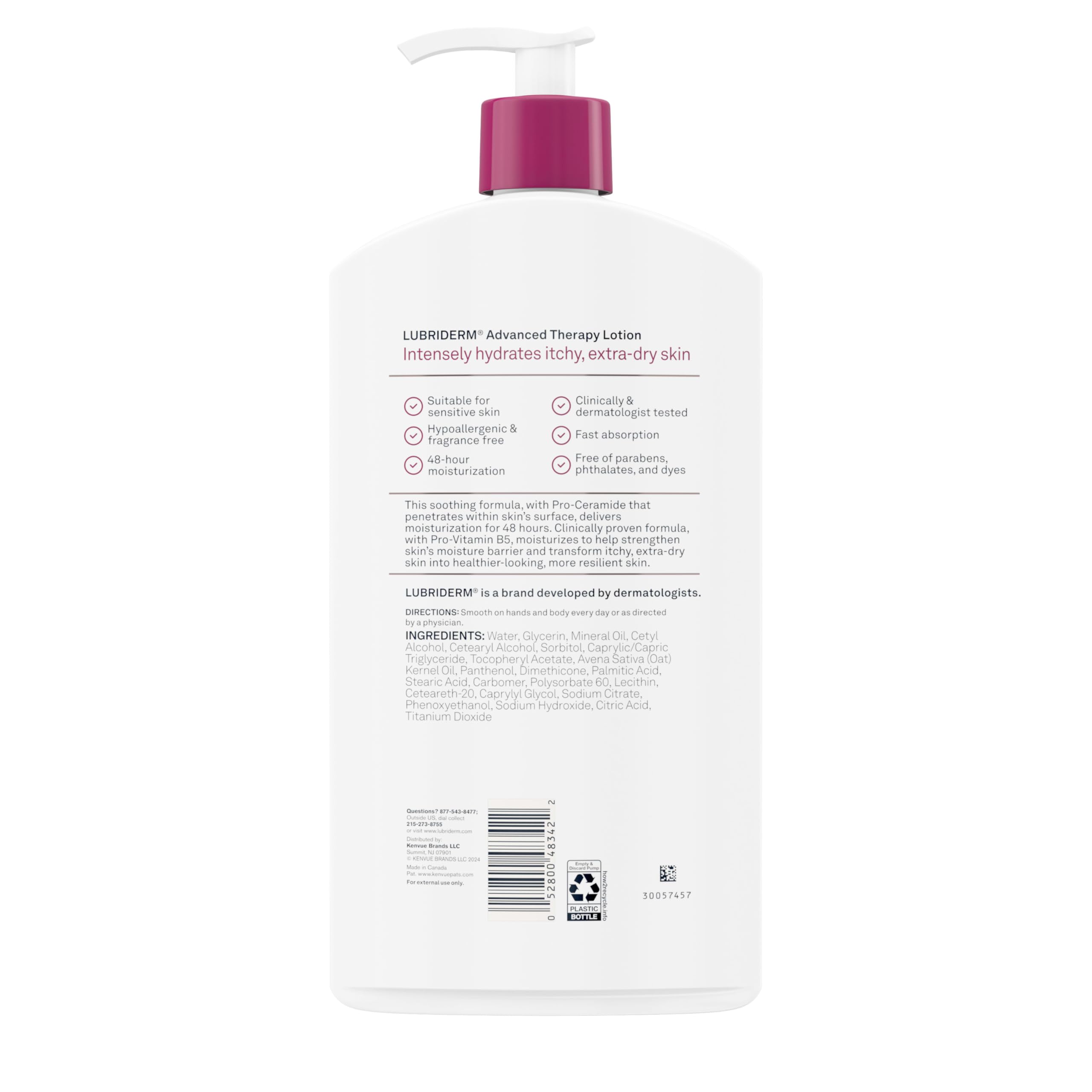 Lubriderm Advanced Therapy Fragrance-Free Moisturizing Hand & Body Lotion + Pro-Ceramide, Intense Hydration for Itchy