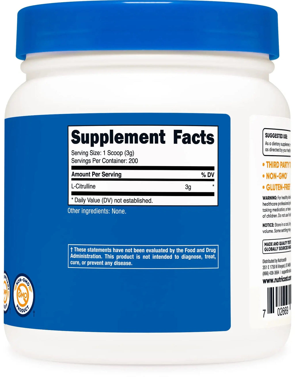 Nutricost Pure L-Citrulline (Base) Powder (600 Grams) Nutricost Au supplements