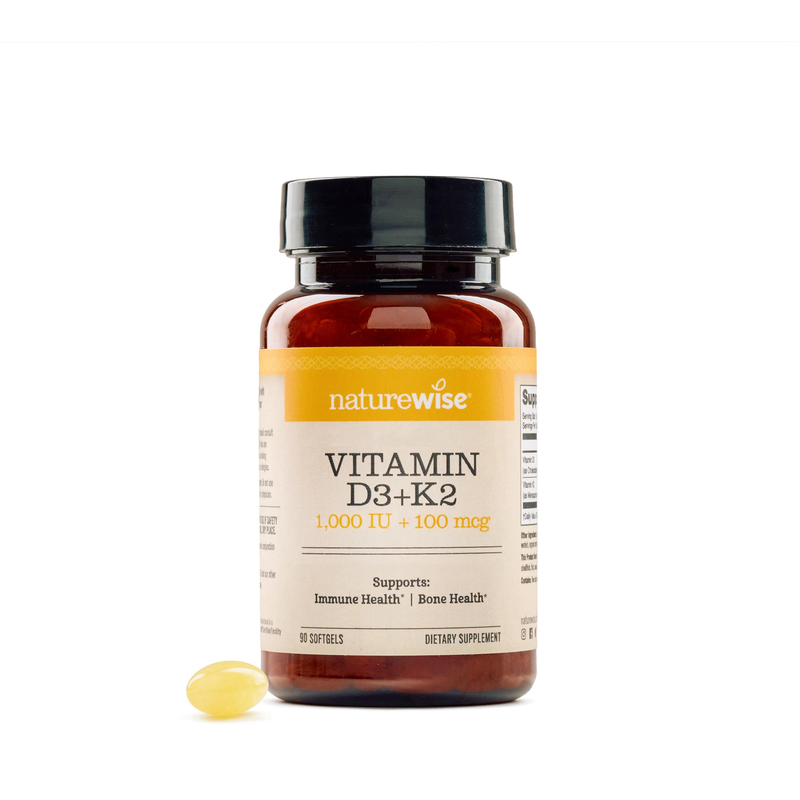 NatureWise Vitamin D3 1000IU + K2 (MK7) 100mcg with Organic Extra Virgin Coconut Oil - Supports Calcium Absorption, Bone & Immune Health - Non-GMO