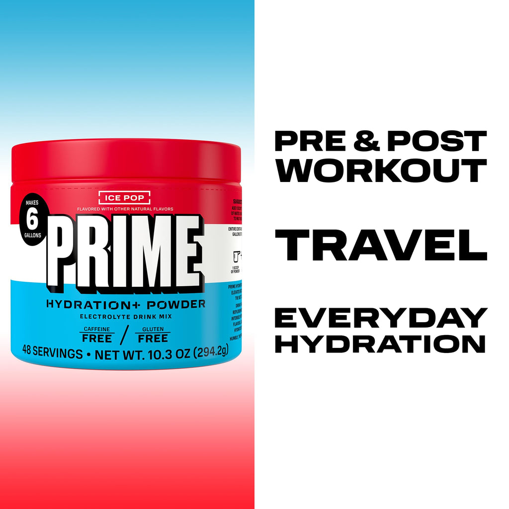 PRIME HYDRATION+ Electrolyte Powder, Ice Pop, Sugar Free Hydration Drink Mix with Potassium, Magnesium & B Vitamins to Replenish Fluids,