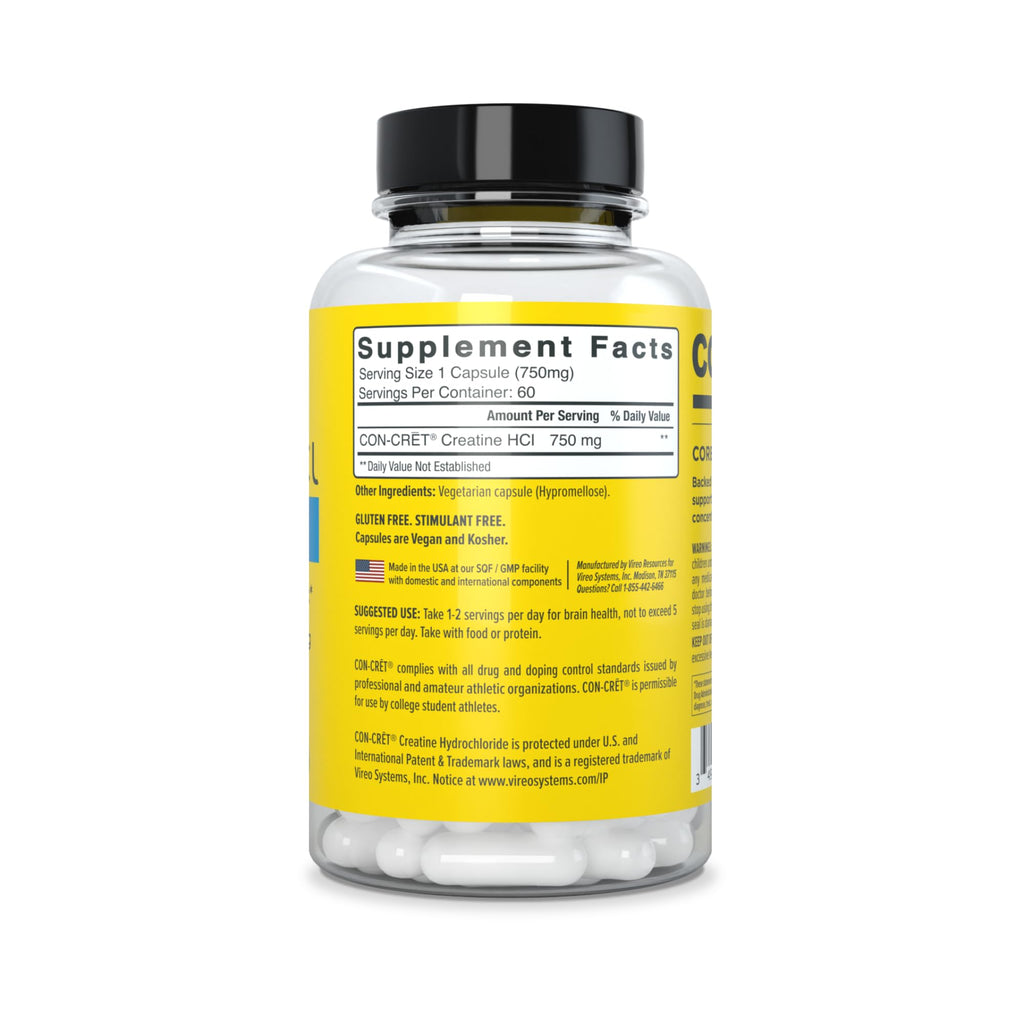 CON-CRET Creatine HCl for Brain Health Capsules – Clinically Tested Support for Memory, Focus, Concentration, Problem-Solving, Clarity, and Mood.* | Made in USA (60 Day Supply) CON-CRET Au supplements
