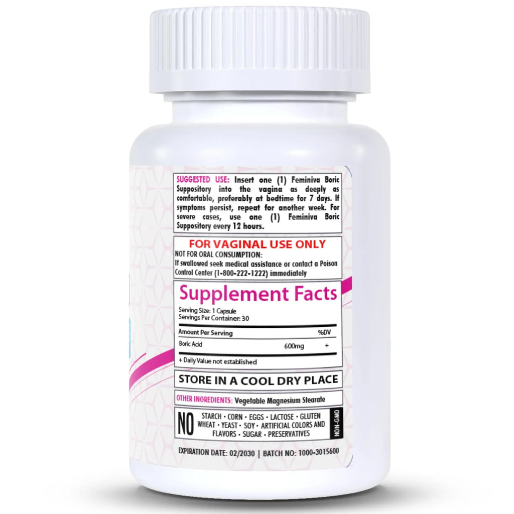 HealthFare Feminiva Boric Acid Vaginal Suppositories - 30 Count, 600mg, Intimate Health Support - 100% Healthfare Au supplements