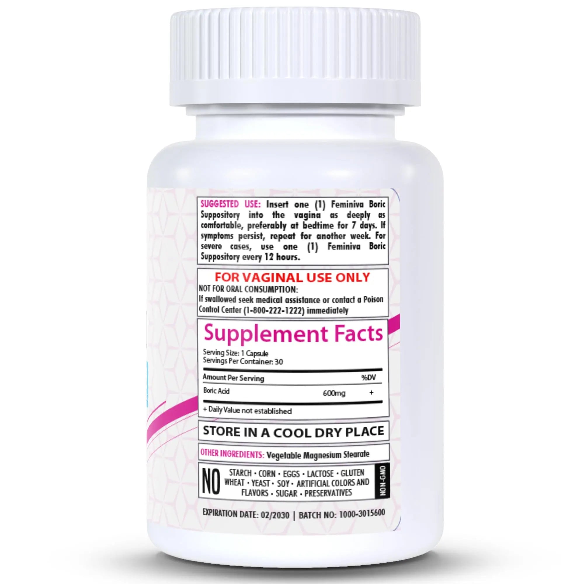 HealthFare Feminiva Boric Acid Vaginal Suppositories - 30 Count, 600mg, Intimate Health Support - 100% Healthfare Au supplements