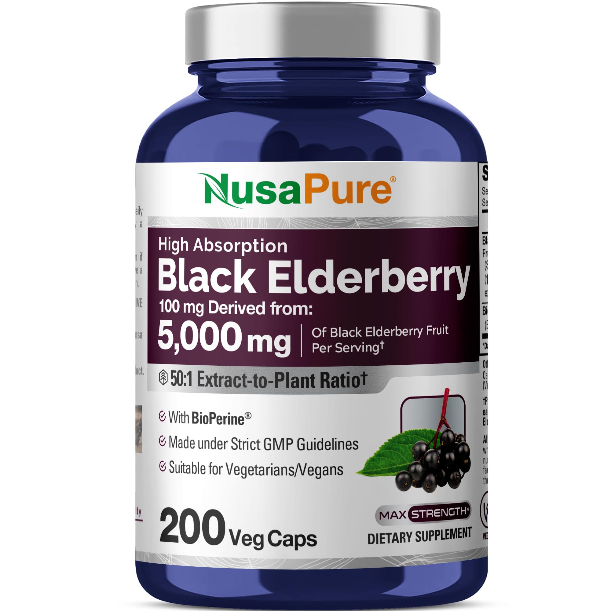 NusaPure Black Elderberry 50:1 Extract, 100 mg Equivalent to 5,000mg per Veggie Capsules, 200 Count (Vegan, Non-GMO, Bioperine) Dietary Supplement NusaPure Au supplements