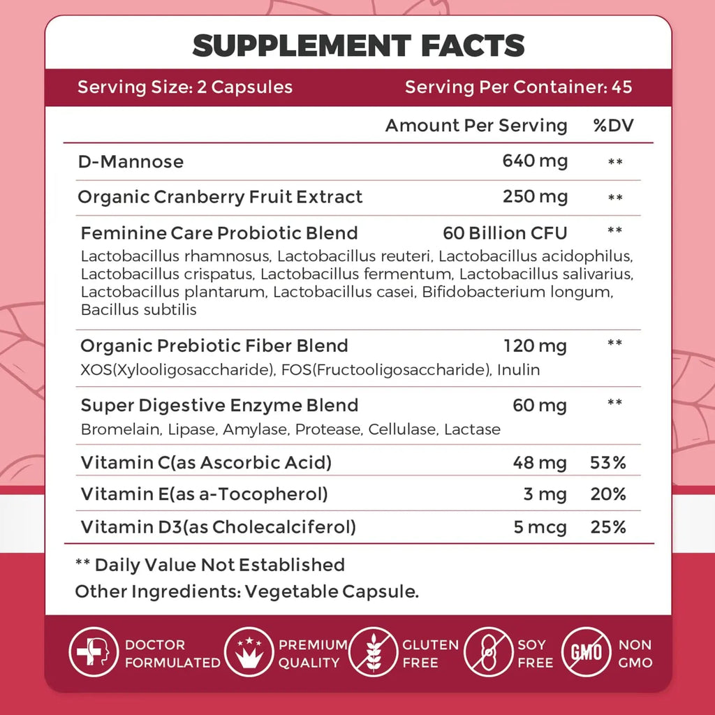 ZEBORA Urinary Tract Health for Women - Vaginal Probiotics for Women Digestive Health and pH Balance - D Mannose Supplements with Cranberry to Cleanse Urinary Tract & Bladder - 90 Capsules ZEBORA Au supplements