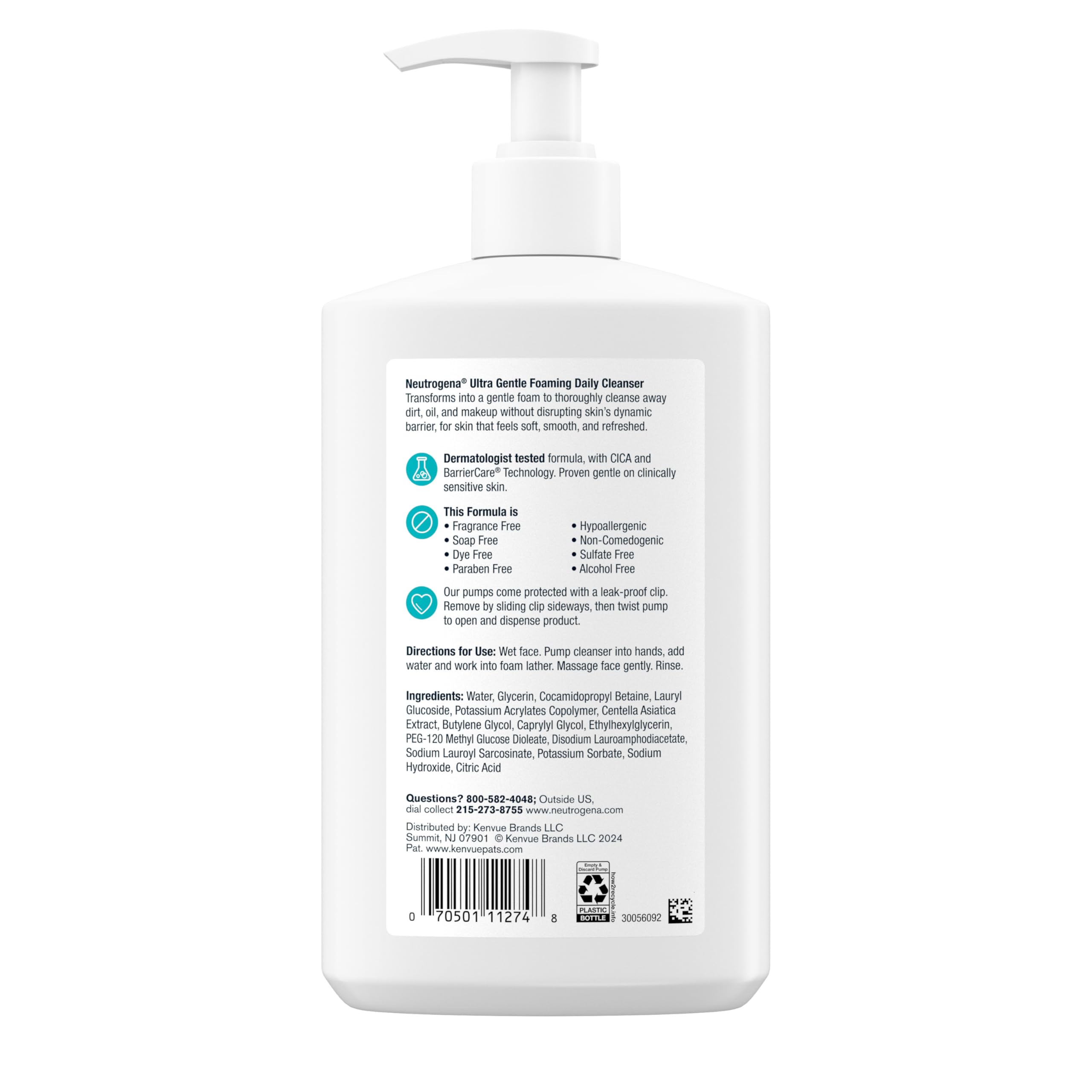 Neutrogena Ultra Gentle Foaming Facial Cleanser, Fragrance Free Hydrating Face Wash for Sensitive Skin, Daily Non Over Drying Makeup Remover
