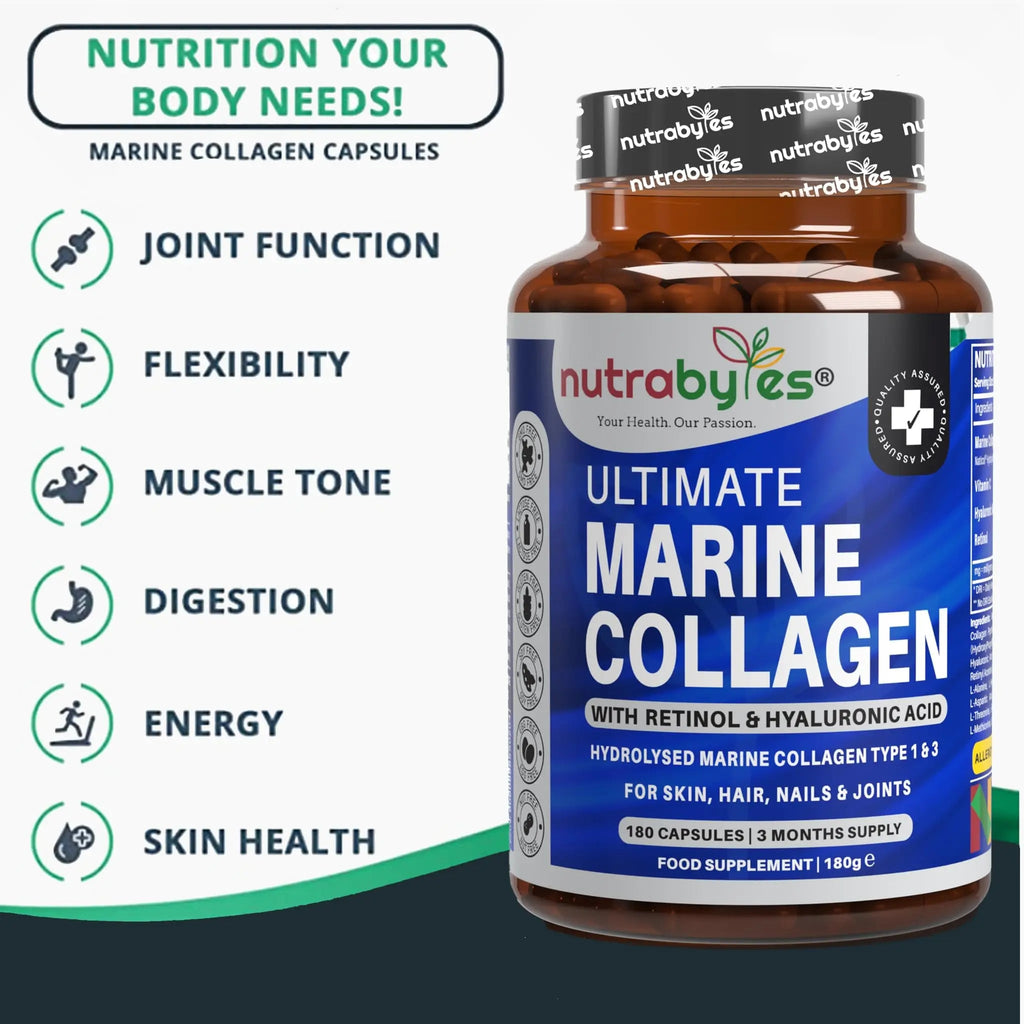 High Strength Marine Collagen with Hyaluronic Acid, Retinol and Vitamin C | 180 Capsules - 3 Months Supply NUTRABYTES Au supplements