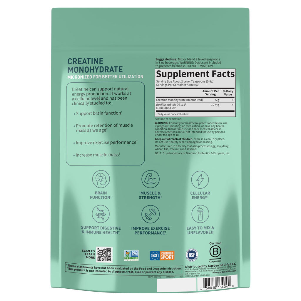 Creatine Monohydrate Powder for Women and Men by Garden of Life, Micronized Pre Workout with Probiotics for Muscle, Strength, Performance, Sport Amino Energy,