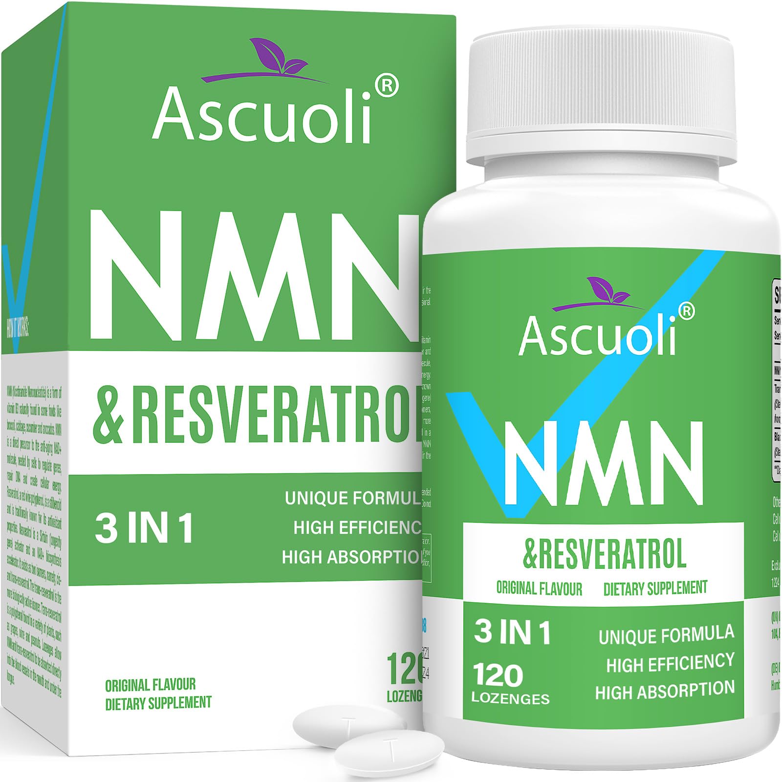Sublingual NMN 500mg + Trans-Resveratrol 400mg, 3-in-1 Advanced Formula 99% Pure NMN Resveratrol Supplement for Boost* NAD, Cell, Immune, Energy & Muscle, Anti-Aging, 120 Lozenges, 120-Day Supply Ascuoli Au supplements