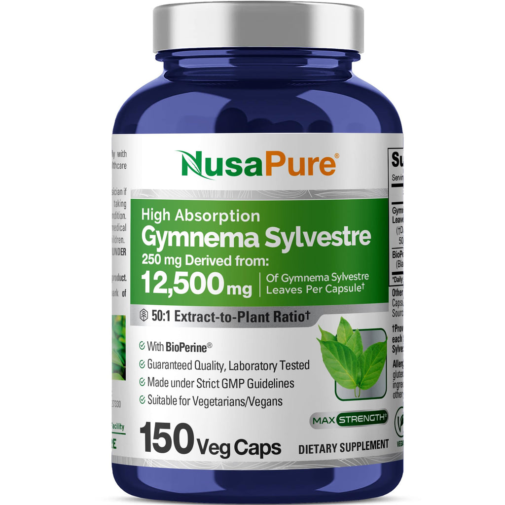 NusaPure Gymnema Sylvestre 50:1 Extract, 250 mg Equivalent to 12,500mg Per Vegan Caps - 150 Count (Non-GMO, Vegan, Bioperine) NusaPure Au supplements