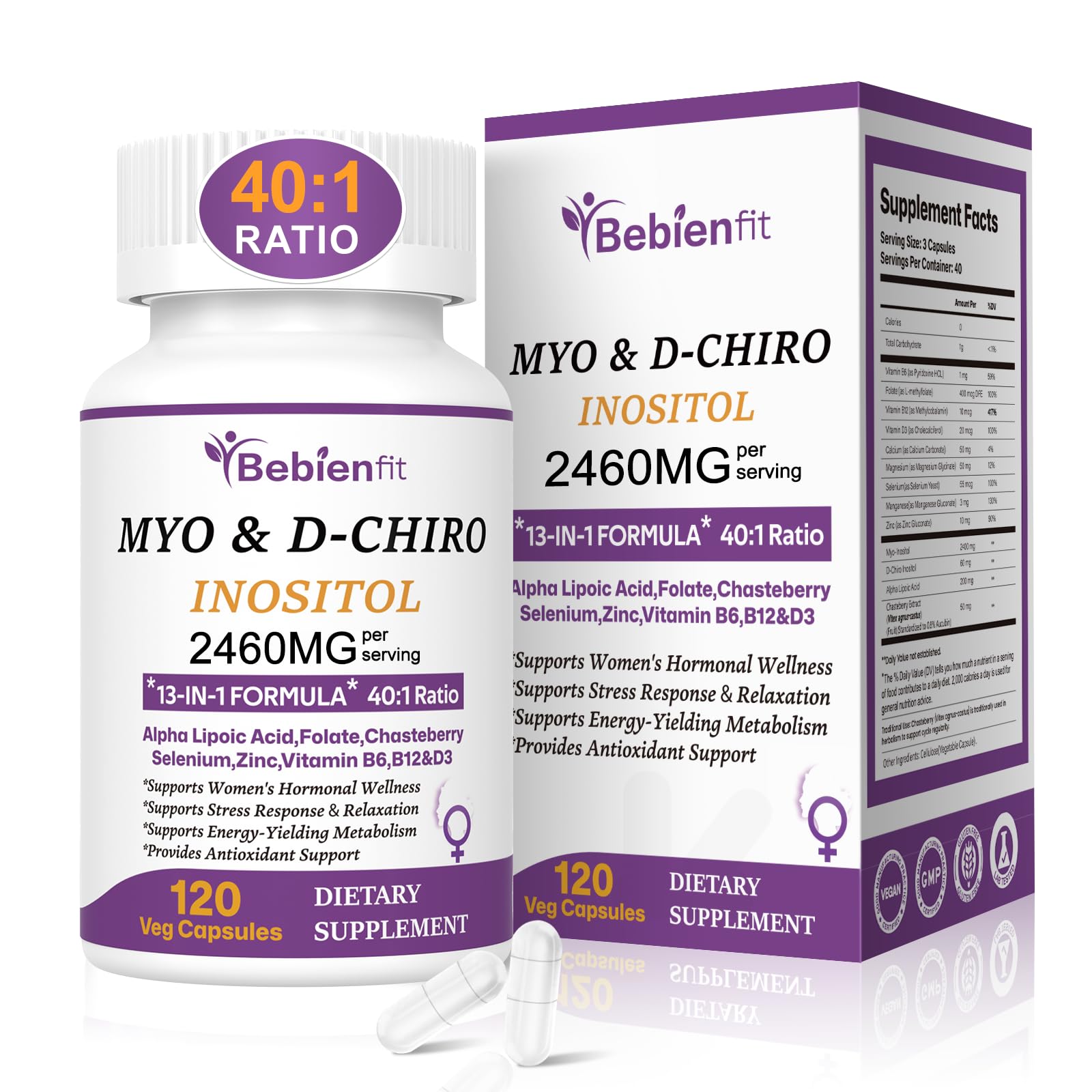 13-in-1 Myo Inositol & D-Chiro Inositol for Women PCOS,Hormonal Balance,2460mg-40:1 Ratio,Ovarian Health&Cycle Support Supplement Plus Alpha Lipoic Acid/Folate/Vitex/Magnesium/Multivitamin,120 Veg Cap Bebien fit Au supplements