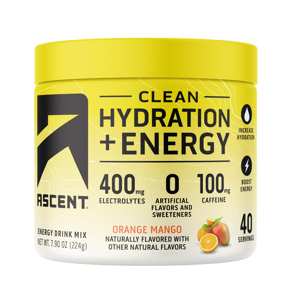 Ascent Clean Hydration + Energy Electrolytes Powder - 100mg Caffeine, 400mg Electrolytes, No Artificial Ingredients, Orange Mango 40 Servings