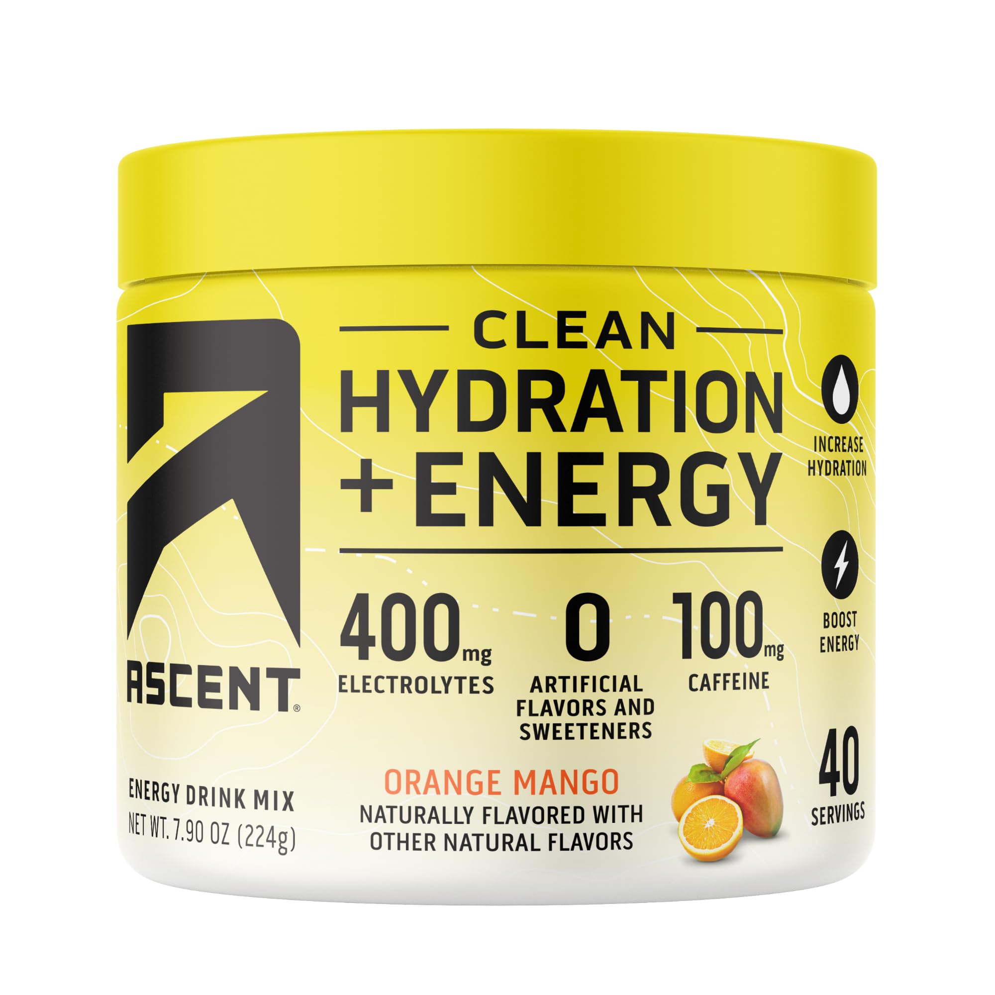Ascent Clean Hydration + Energy Electrolytes Powder - 100mg Caffeine, 400mg Electrolytes, No Artificial Ingredients, Orange Mango 40 Servings