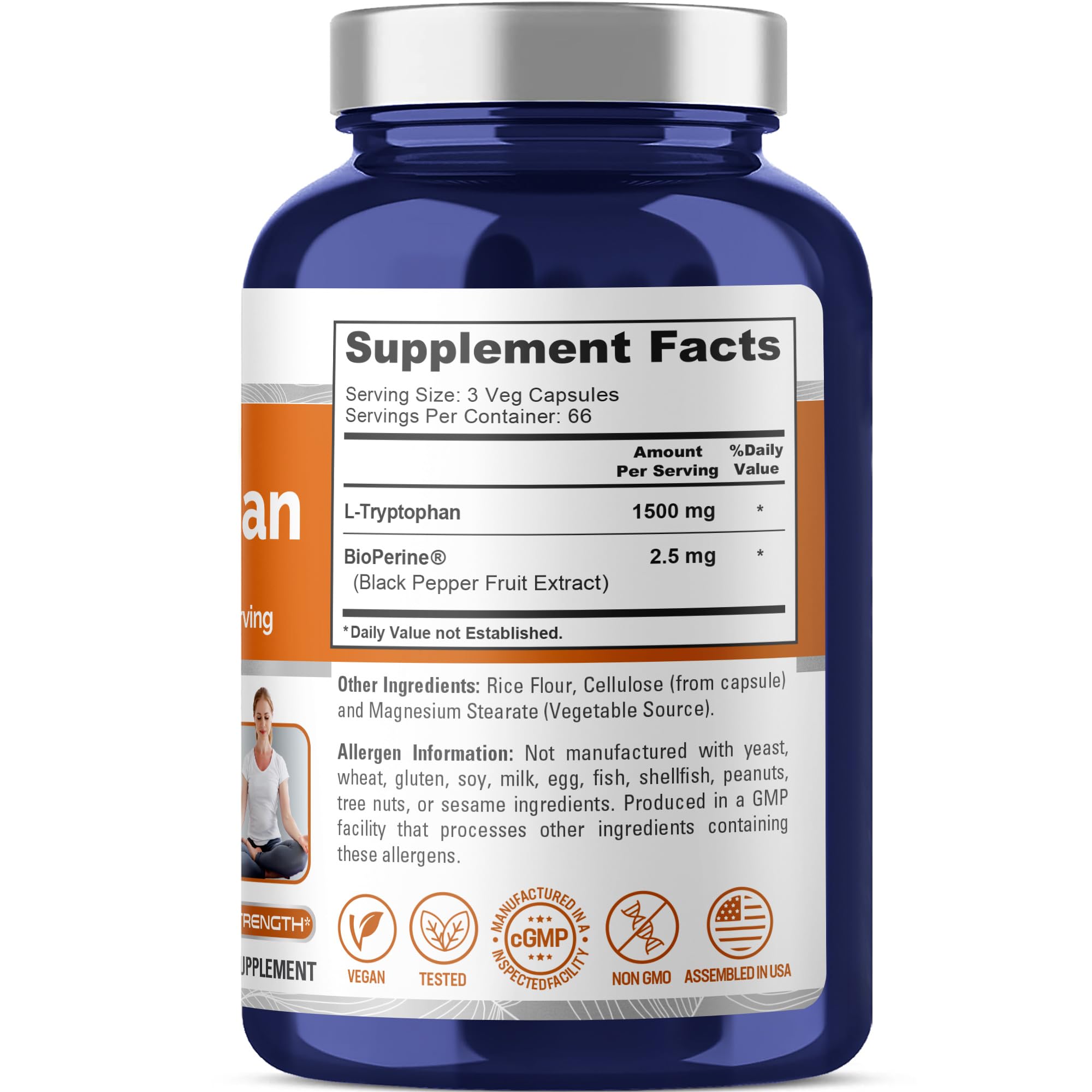NusaPure L-Tryptophan - Suitable for Vegetarian/Vegan, Non - GMO - 1500mg 200 Capsules NusaPure Au supplements