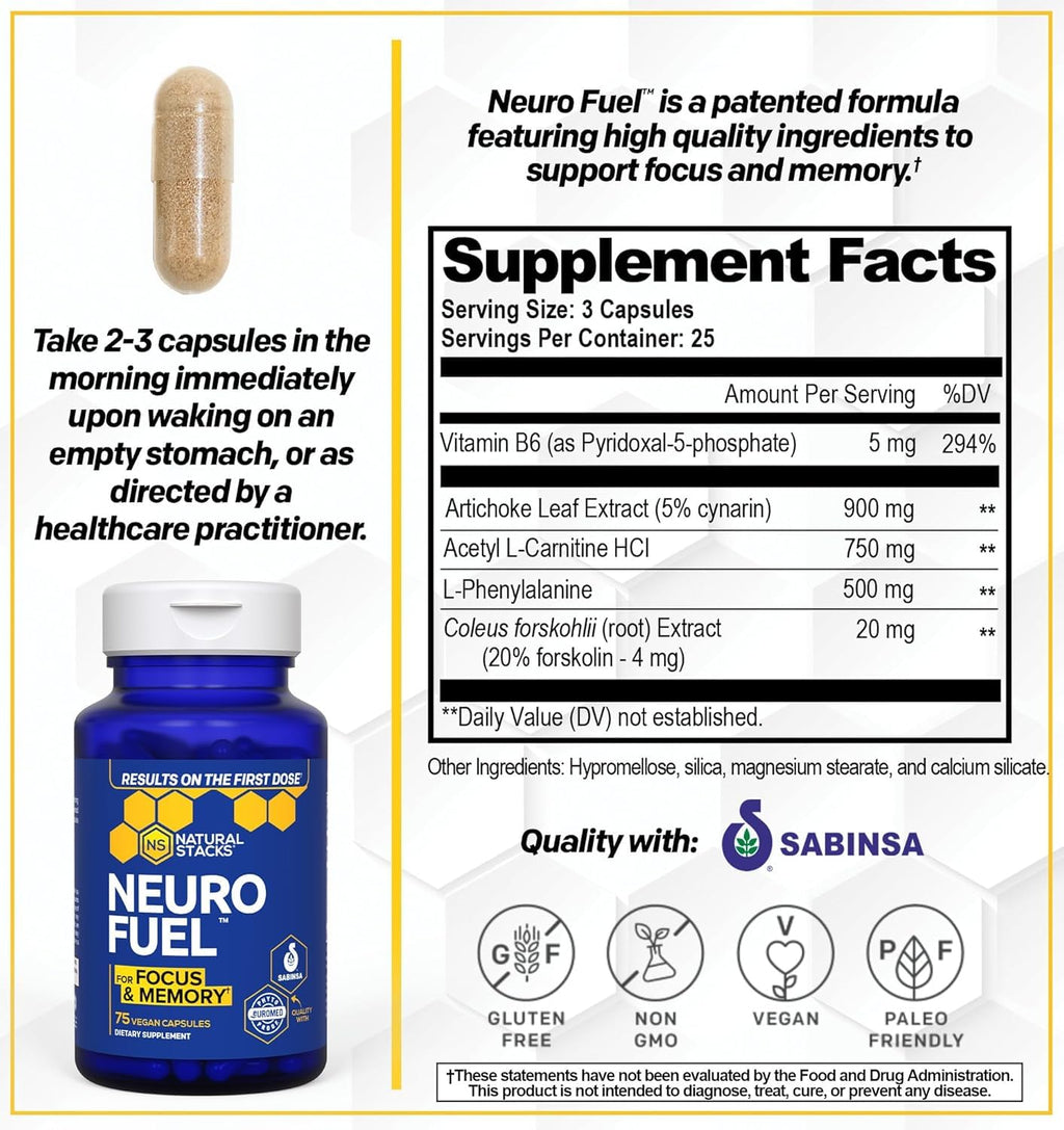 NATURAL STACKS Original NeuroFuel Nootropic Brain Support Supplement - 750mg L-Carnitine & 500mg L-Phenylalanine - Brain Supplement for Memory and Focus* - 75 Focus Pills NATURAL STACKS Au supplements