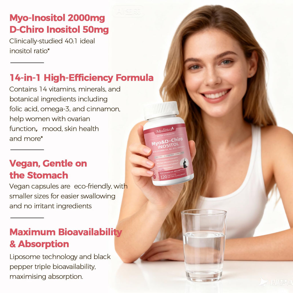Mulittea Myo-Inositol & D-Chiro Supplement for Women - 14-in-1 Liposomal Inositol with Folic Acid,Omega-3 & Multivitamin for Hormone Balance,Support Ovarian,Skin & Mood- 40:1 Vegan 120 Capsules Mulittea Au supplements