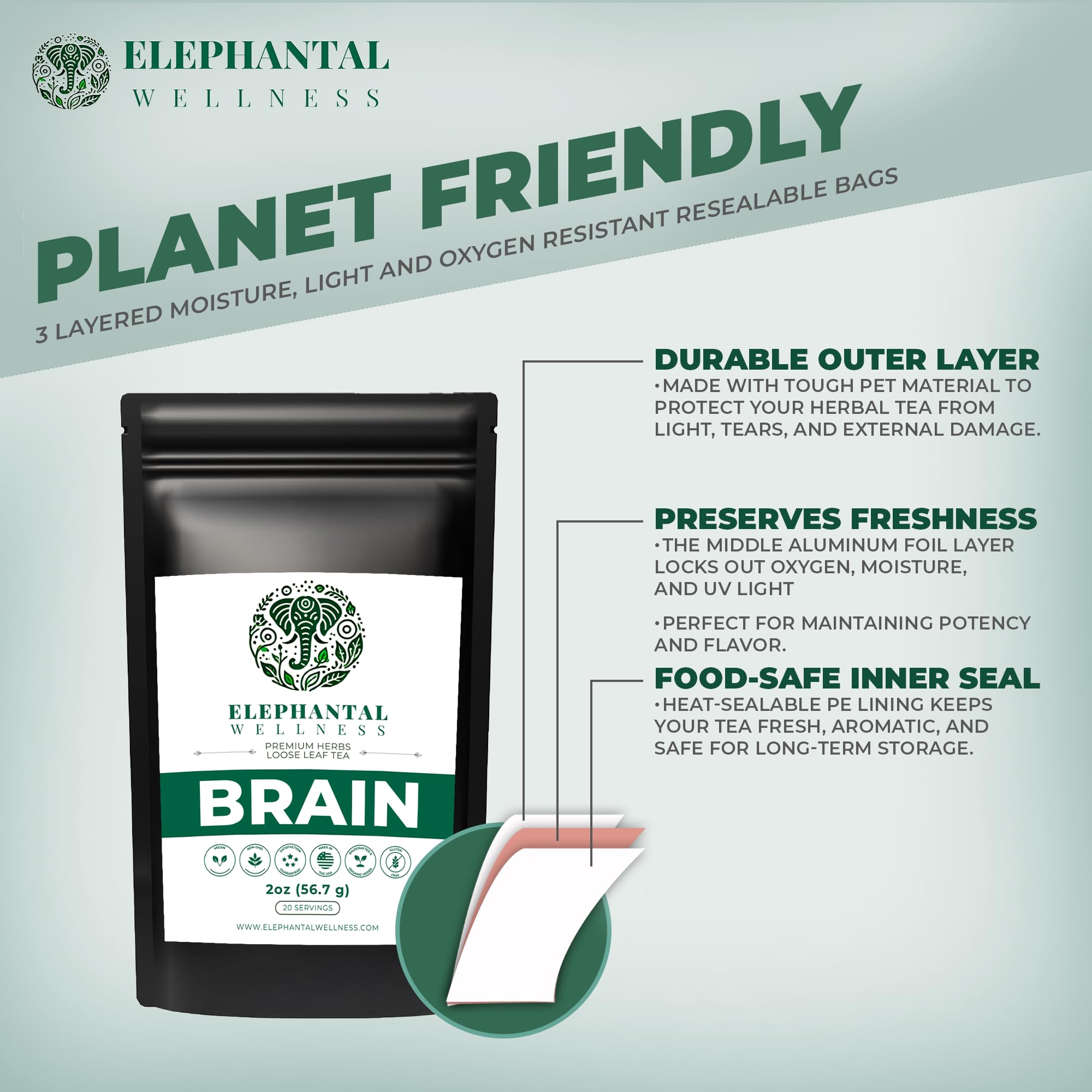 Elephantal Wellness Premium Brain Herbal Tea | Nootropic Focus & Mental Clarity with Ginkgo, Bacopa, Gotu Kola & Rosemary | Non-GMO, Caffeine-Free Coffee Alternative, Handmade Loose Leaf Blend, 2oz Loose Leaf, 20 Servings Elephantal Wellness Au supplements