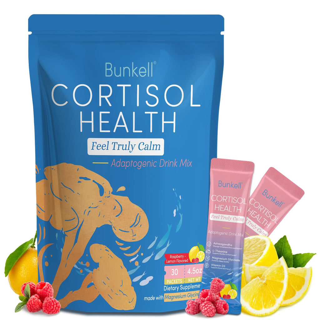 Bunkell Cortisol Powdered Drink Mix, Made with Magnesium Glycinate, L-Theanine, Ashwagandha & Vitamin D3, Cortisol Supplements for Relaxation, Focus & Calm Support, Raspberry Lemonade Flavor, 30 Ct Bunkell Au supplements