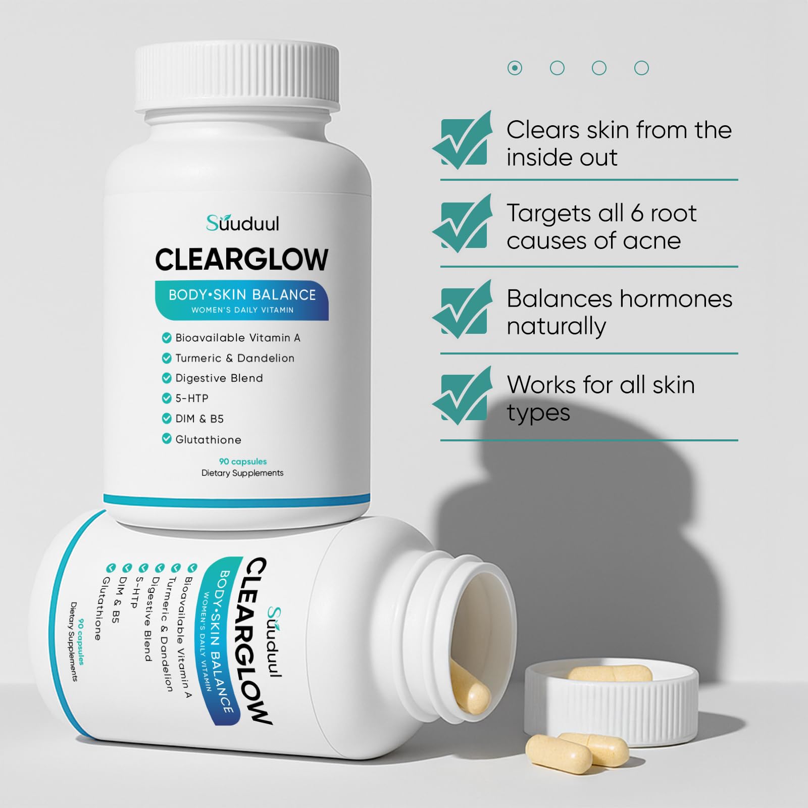 Clear Skin Supplement & Acne Supplement with Vitamin A, DIM, Milk Thistle – Hormonal Balance, Liver Detox & Antioxidant Support – Glutathione, Turmeric, Dandelion – Natural Skin Formula 90 Capsules SUUDUUL Au supplements