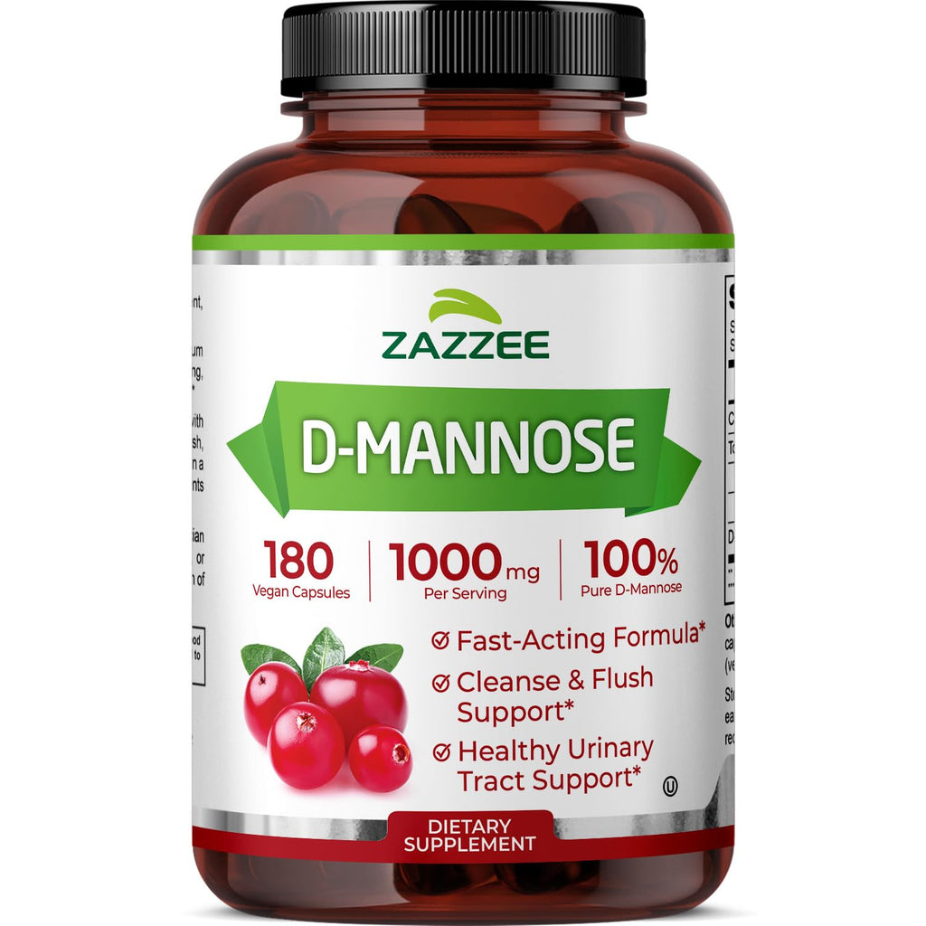 Zazzee D-Mannose, 1000 mg per Serving, 180 Vegan Capsules, 3 Month Supply, Potent & Fast-Acting, Certified Kosher, 100% Pure, All-Natural Urinary Tract Health Support