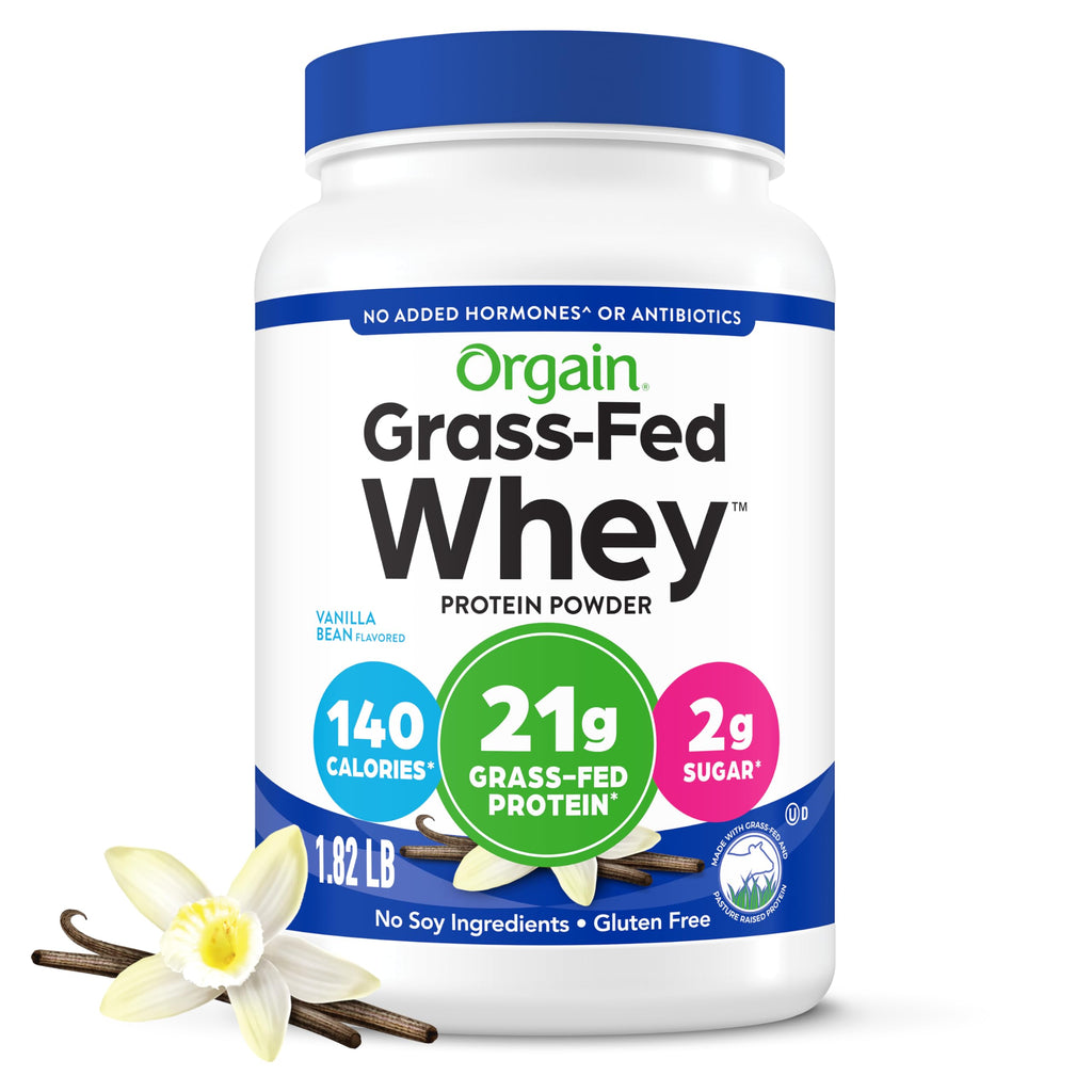 Orgain Whey Protein Powder, Vanilla Bean, 21g Grass Fed Dairy Protein, 5g BCAAs, 3g Prebiotic Fiber, 2g Sugar, No Added Hormones, Gluten Free, Kosher, for Shakes & Smoothies, 1.82 lb