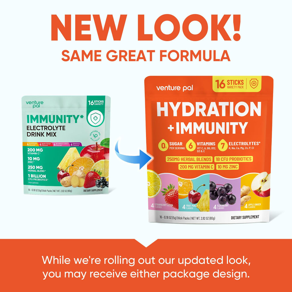 Venture Pal 2-in-1 Hydration + Immune Electrolytes Powder Packets with 7 Electrolytes & 6 Vitamins, Elderberry, Turmeric, Echinacea | Liquid Daily IV Drink Mix