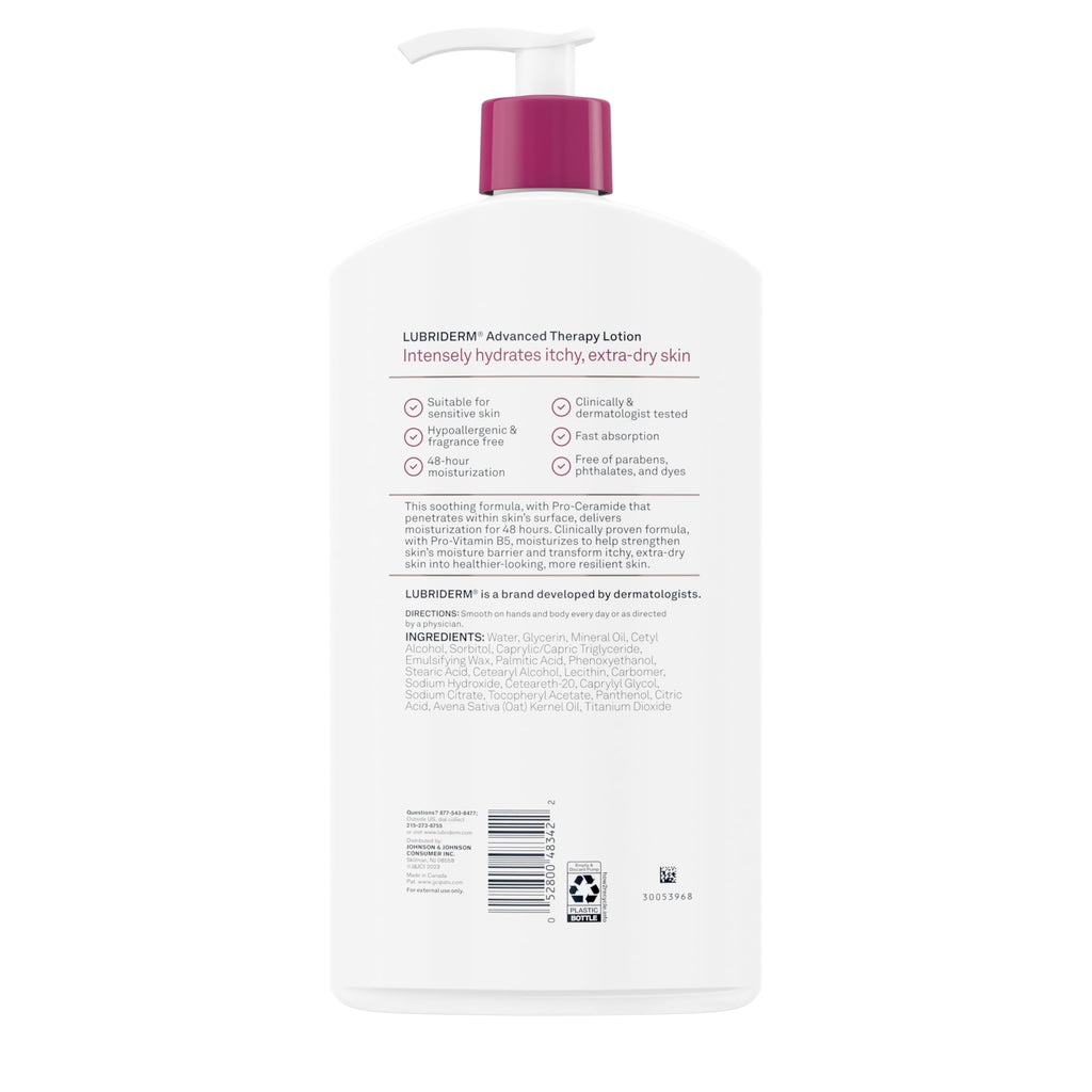 Lubriderm Advanced Therapy Fragrance-Free Moisturizing Hand & Body Lotion + Pro-Ceramide, Intense Hydration for Itchy