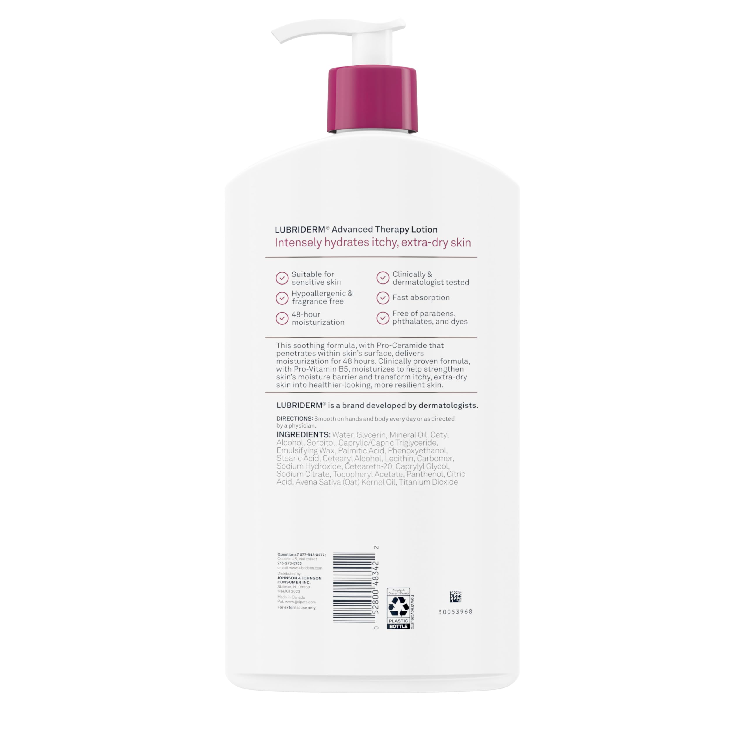 Lubriderm Advanced Therapy Fragrance-Free Moisturizing Hand & Body Lotion + Pro-Ceramide, Intense Hydration for Itchy