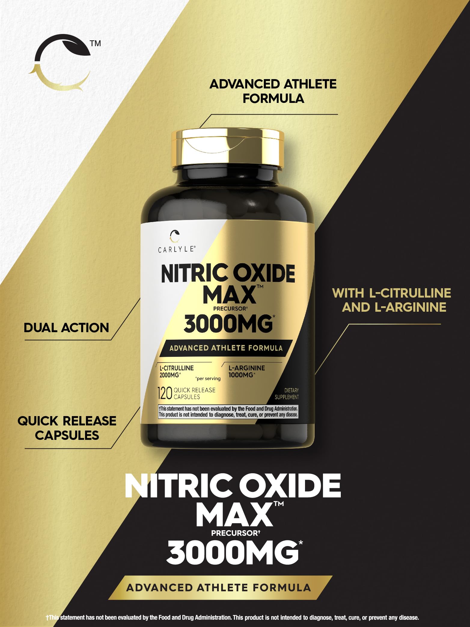 Carlyle Nitric Oxide Supplement 3000mg | 120 Capsules | with L-Arginine & L-Citrulline | for Men & Women | Pre & Post Workout | Non-GMO, Gluten Free