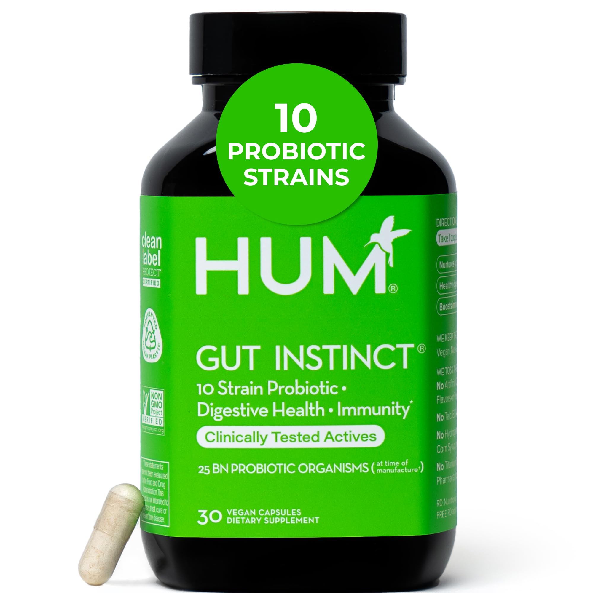 HUM Gut Instinct Daily Probiotics for Women and Men, Digestive Health, Lactobacillus, Bifidobacterium Strains for Immune Support, Probiotic Supplement for Healthy Gut Diversity, 30 Capsules HUM Au supplements