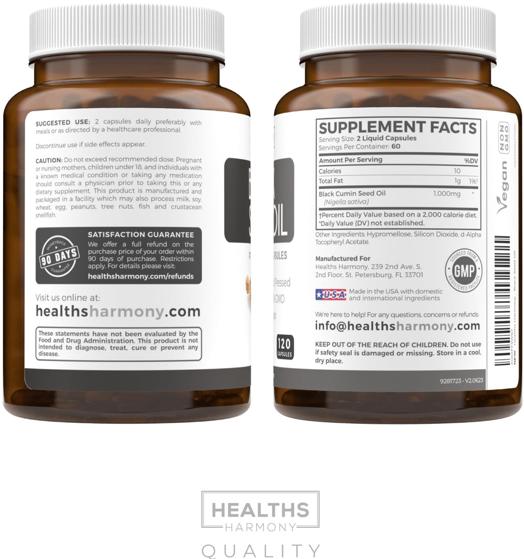 Black Seed Oil - 120 Softgel Capsules Skin Health (Non-GMO & Vegan) Cold-Pressed Nigella Sativa Producing Pure Black Cumin Seed Oil with Vitamin E