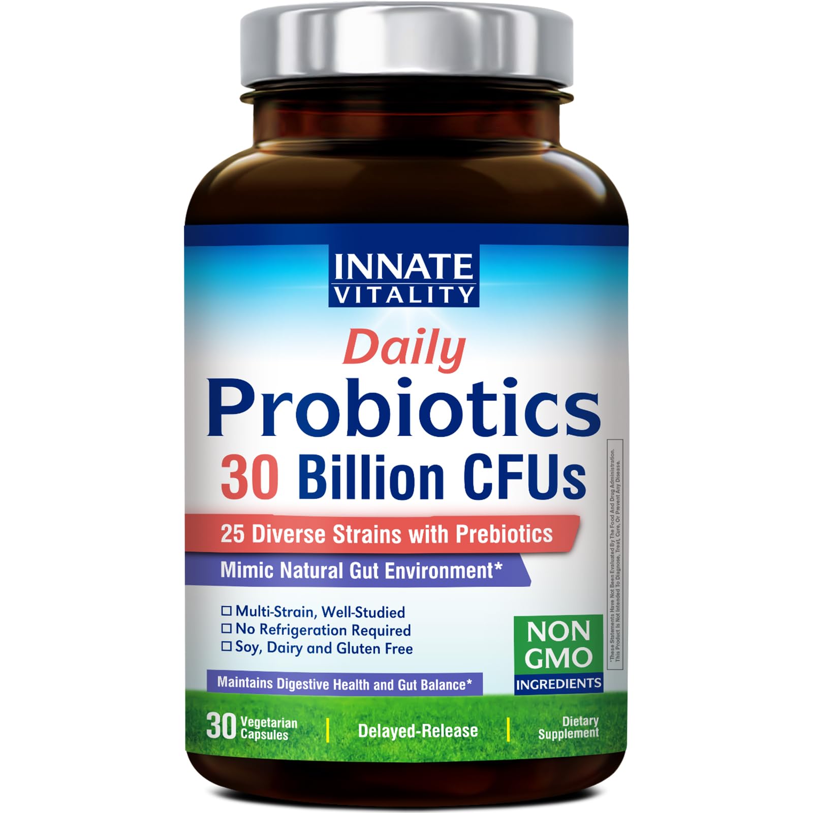 Innate Vitality Daily Probiotics for Women & Men, 30 Billion CFU of 25 Strains, Prebiotics, for Digestive Health Diarrhea Constipation Bloating & Gas Relief, Delayed Release, No Gluten, Vegan, 30 Caps Innate Vitality Au supplements