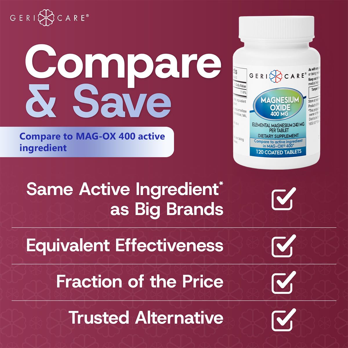 GeriCare Magnesium Oxide Supplement 240 mg of Elemental Magnesium, 120 Tablets, Essential Mineral Support, Promotes Vascular Health, Bone Strength, and Muscle Function (Pack of 1) GeriCare Au supplements